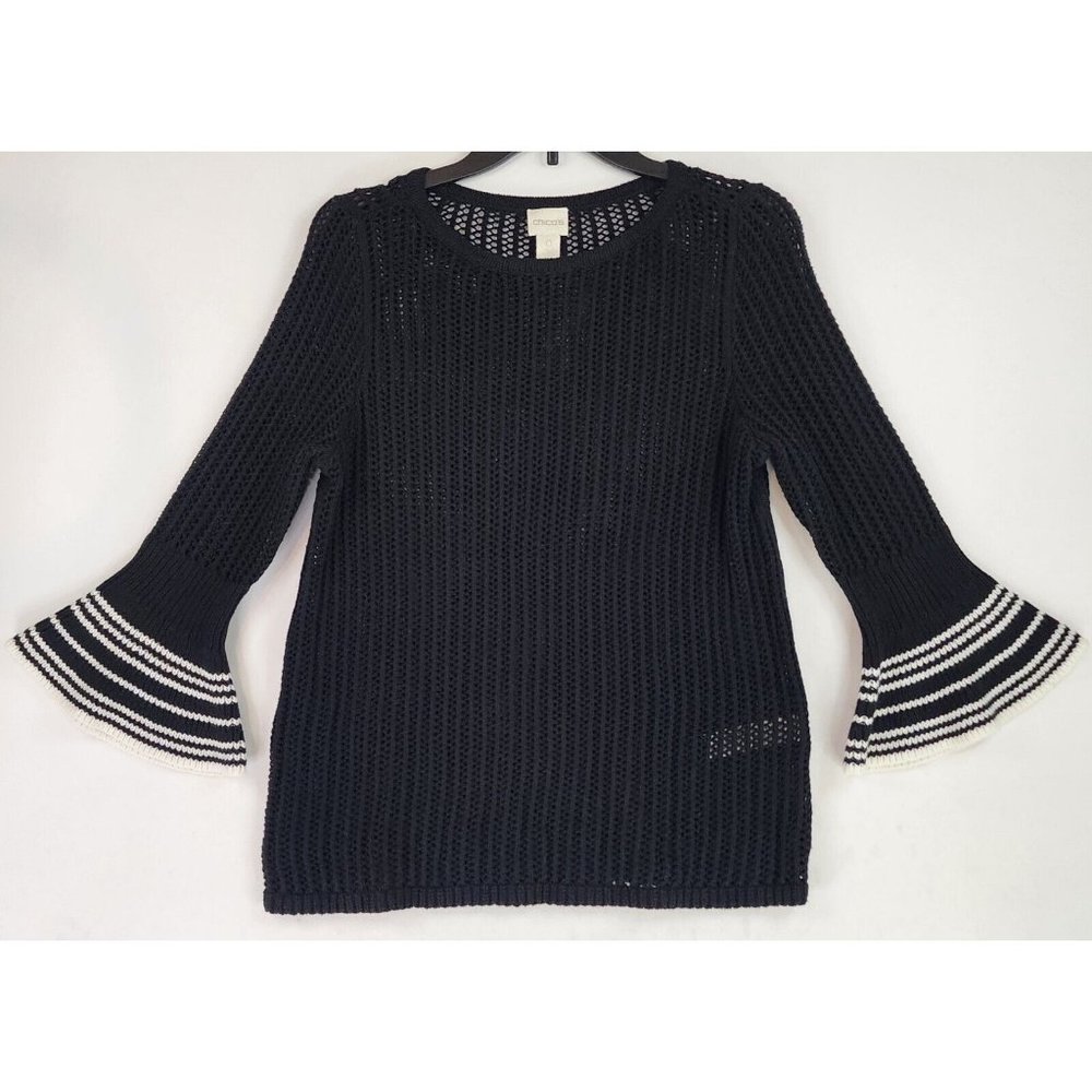 Chicos Sweater Womens 0 Black White Striped Grannycore Open Knit Flared Cuff Top